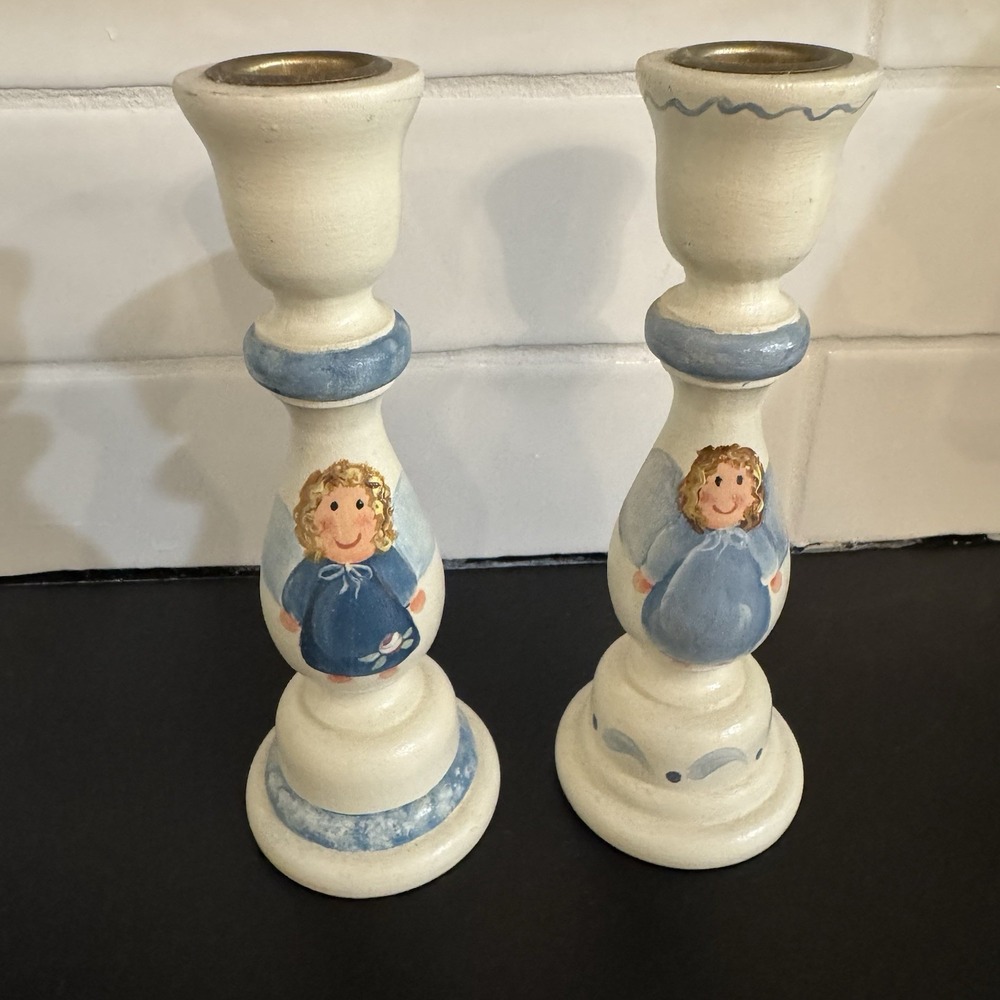 2 Whimsical Hand Painted Blue Angels‎ White Wooden 7" Tall Candlestick Holders